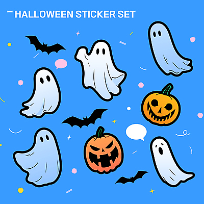 하늘색 말풍선 스티커 일러스트 호박 사람없음 세트 유령 박쥐 엘리먼트 잭오랜턴 키치 국내일러스트 AI파일 컨셉 채소 포유류 파란색 할로윈 파일형식 벡터