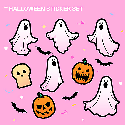 분홍색 스티커 일러스트 호박 해골 사람없음 세트 유령 박쥐 엘리먼트 잭오랜턴 키치 국내일러스트 AI파일 컬러 컨셉 채소 포유류 뼈 할로윈 파일형식 벡터