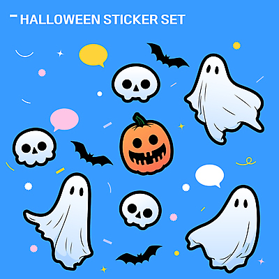 하늘색 말풍선 스티커 일러스트 호박 해골 사람없음 세트 유령 박쥐 엘리먼트 잭오랜턴 키치 국내일러스트 AI파일 컨셉 채소 포유류 뼈 파란색 할로윈 파일형식 벡터