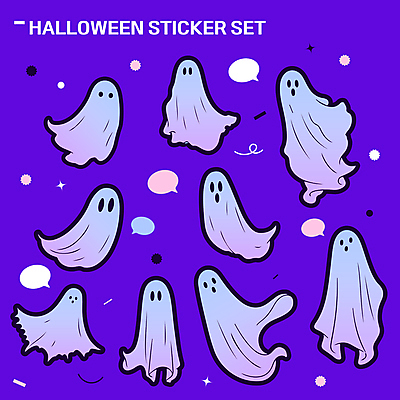 말풍선 스티커 일러스트 사람없음 세트 보라색 할로윈 유령 엘리먼트 키치 국내일러스트 AI파일 컬러 컨셉 파일형식 벡터