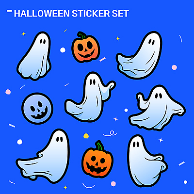 스티커 일러스트 호박 해골 사람없음 파란색 세트 유령 엘리먼트 잭오랜턴 키치 국내일러스트 AI파일 컬러 컨셉 채소 뼈 할로윈 파일형식 벡터