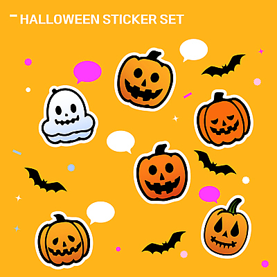 말풍선 스티커 일러스트 호박 해골 사람없음 세트 노란색 박쥐 엘리먼트 잭오랜턴 키치 국내일러스트 AI파일 컬러 컨셉 채소 포유류 뼈 할로윈 파일형식 벡터