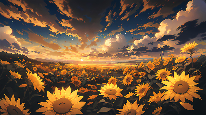 JPG 구름 꽃밭 일러스트 자연 하늘 해바라기 풍경 사람없음 일몰 국내일러스트 AI일러스트 AI콘텐츠 자연요소 꽃 노을 생태계 파일형식