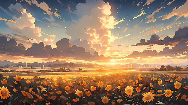 JPG 구름 꽃밭 일러스트 자연 하늘 해바라기 풍경 사람없음 일몰 국내일러스트 AI일러스트 AI콘텐츠 자연요소 꽃 노을 생태계 파일형식