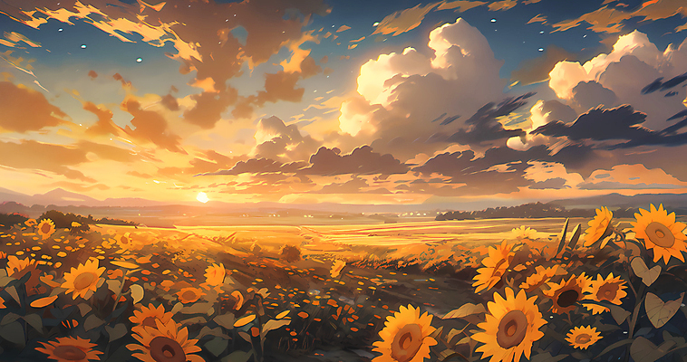 JPG 구름 꽃밭 일러스트 자연 하늘 해바라기 풍경 사람없음 일몰 국내일러스트 AI일러스트 AI콘텐츠 자연요소 꽃 노을 생태계 파일형식