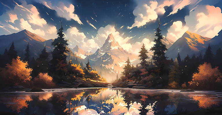 JPG 나무 구름 일러스트 자연 하늘 산 사람없음 강 반사 국내일러스트 AI일러스트 AI콘텐츠 자연요소 식물 생태계 파일형식