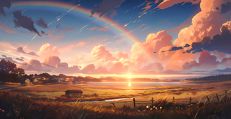 JPG 구름 무지개 일러스트 자연 하늘 주택 풍경 초원 사람없음 일몰 국내일러스트 AI일러스트 AI콘텐츠 자연요소 건물 노을 생태계 파일형식