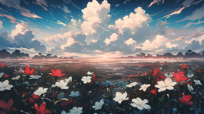 JPG 구름 꽃 꽃밭 일러스트 자연 하늘 풍경 사람없음 국내일러스트 AI일러스트 AI콘텐츠 자연요소 식물 생태계 파일형식