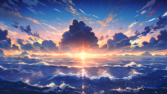 JPG 구름 파도 바다 일러스트 자연 하늘 풍경 사람없음 햇빛 일몰 국내일러스트 AI일러스트 AI콘텐츠 자연요소 태양 노을 생태계 파일형식