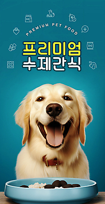 PSD 편집이미지 한마리 행복 반려견 타이포그라피 사람없음 반려동물 골든리트리버 강아지 청록색 개밥그릇 애견간식 프리미엄 핸드메이드 펫푸드 이미지편집 동물 문자 1 그릇 감정 컬러 개 리트리버 애견용품 파일형식