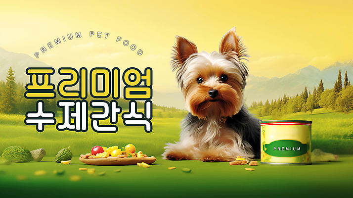 PSD 편집이미지 행복 반려견 초원 타이포그라피 사람없음 연두색 반려동물 노란색 강아지 요크셔테리어 통조림 애견간식 프리미엄 핸드메이드 펫푸드 이미지편집 동물 문자 감정 컬러 초록색 개 테리어 애견용품 파일형식