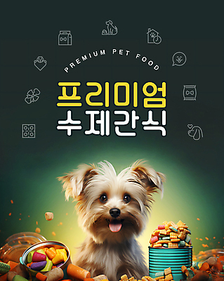 PSD 편집이미지 행복 반려견 타이포그라피 사람없음 초록색 반려동물 강아지 요크셔테리어 통조림 애견간식 프리미엄 핸드메이드 펫푸드 이미지편집 동물 문자 감정 컬러 개 테리어 애견용품 파일형식