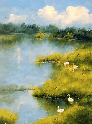 JPG 동물 구름 일러스트 자연 하늘 오리 풍경 사람없음 연못 감성 유화 국내일러스트 AI일러스트 AI콘텐츠 자연요소 컨셉 조류 미술 생태계 파일형식