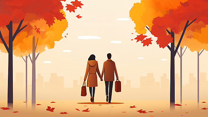 JPG 전신 나무 구름 커플 여자 남자 단풍 낙엽 잎 일러스트 하늘 들기 성인 두명 쇼핑 쇼핑백 손잡기 가을 도시 성인만 국내일러스트 AI일러스트 AI콘텐츠 자연요소 식물 계절 가방 관계 모션 사람 파일형식