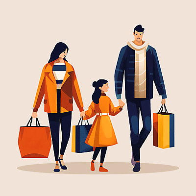 JPG 전신 여자 남자 어린이 가방 일러스트 가족 들기 소녀 성인 세명 쇼핑 쇼핑백 손잡기 산책 가을 국내일러스트 AI일러스트 AI콘텐츠 잡화 계절 관계 모션 휴식 사람 파일형식
