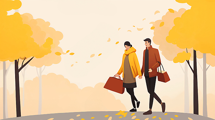 JPG 전신 나무 커플 여자 남자 단풍 낙엽 잎 일러스트 들기 성인 두명 쇼핑 쇼핑백 걷기 손잡기 가을 성인만 국내일러스트 AI일러스트 AI콘텐츠 식물 계절 가방 관계 모션 사람 파일형식