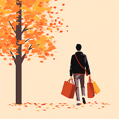 JPG 전신 나무 남자 단풍 낙엽 잎 일러스트 한명 들기 성인 쇼핑 쇼핑백 걷기 가을 성인남자한명만 국내일러스트 AI일러스트 AI콘텐츠 식물 1 계절 가방 모션 사람 남자한명만 성인남자만 파일형식