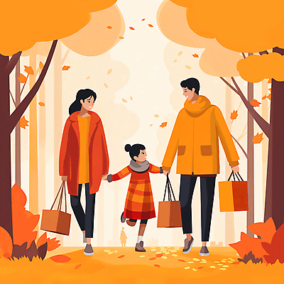 JPG 전신 나무 여자 남자 어린이 단풍 낙엽 잎 가방 일러스트 가족 미소 들기 소녀 성인 세명 쇼핑 쇼핑백 마주보기 걷기 손잡기 산책 가을 국내일러스트 AI일러스트 AI콘텐츠 식물 잡화 계절 관계 모션 휴식 표정 사람 파일형식