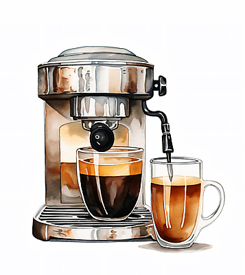 JPG 커피 음료 일러스트 잔 수채화 사람없음 갈색 카페 커피메이커 오브젝트 아메리카노 노즐 에스프레소머신 추출 국내일러스트 AI일러스트 AI콘텐츠 식기 컬러 상점 커피용품 파일형식