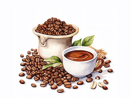 JPG 커피 음료 일러스트 나뭇잎 수채화 사람없음 갈색 카페 원두 커피잔 오브젝트 국내일러스트 AI일러스트 AI콘텐츠 컬러 잎 잔 상점 파일형식