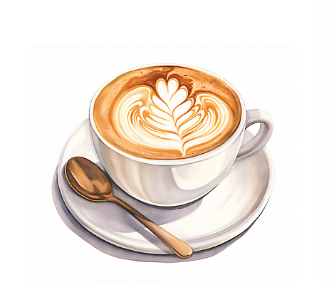 JPG 커피 음료 일러스트 수채화 사람없음 갈색 카페 커피잔 티스푼 오브젝트 라떼 라떼아트 국내일러스트 AI일러스트 AI콘텐츠 컬러 잔 상점 숟가락 그림 파일형식