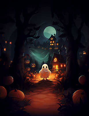 JPG 일러스트 호박 사람없음 검은색 어둠 할로윈 달 유령 숲 유령의집 잭오랜턴 국내일러스트 AI일러스트 AI콘텐츠 자연요소 컬러 채소 파일형식