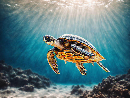 JPG 편집이미지 바다 사람없음 빛 수중 수영 거북이 디지털합성 바다거북 편집실사 AI포토 AI콘텐츠 파충류 수상스포츠 CG 파일형식