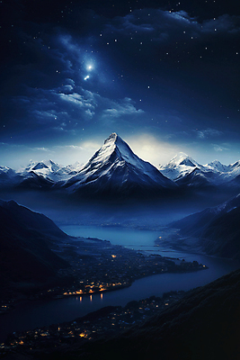 JPG 구름 편집이미지 별 야경 하늘 산 사람없음 파란색 빛 강 편집실사 AI컴퓨터그래픽 AI콘텐츠 자연요소 컬러 야간 CG 파일형식 풍경_경치