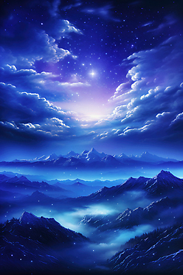 JPG 구름 편집이미지 별 야경 하늘 산 사람없음 파란색 편집실사 AI컴퓨터그래픽 AI콘텐츠 자연요소 컬러 야간 CG 파일형식 풍경_경치