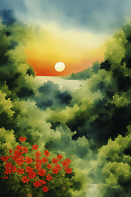 JPG 계절 꽃 일러스트 자연 수채화 풍경 사람없음 태양 숲 그림 국내일러스트 AI일러스트 AI콘텐츠 자연요소 식물 생태계 파일형식