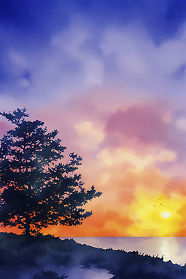 JPG 나무 계절 일러스트 자연 수채화 풍경 사람없음 태양 그림 국내일러스트 AI일러스트 AI콘텐츠 자연요소 식물 생태계 파일형식