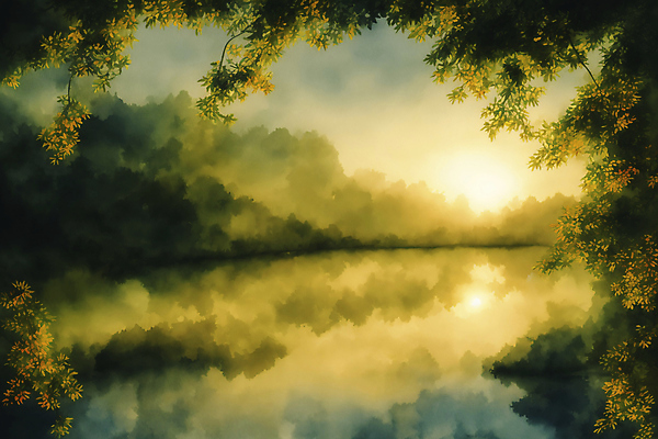 JPG 계절 일러스트 자연 수채화 풍경 사람없음 태양 반사 물가 숲 그림 국내일러스트 AI일러스트 AI콘텐츠 자연요소 생태계 파일형식