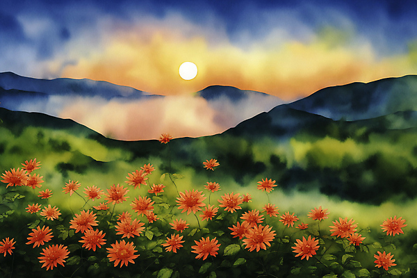 JPG 계절 꽃 일러스트 자연 수채화 산 풍경 사람없음 태양 그림 국내일러스트 AI일러스트 AI콘텐츠 자연요소 식물 생태계 파일형식