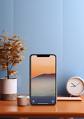 JPG 편집이미지 화분 하늘색 탁자 산 프레임 풍경 사람없음 컵 스마트폰 스크린 주황색 탁상시계 합성 목업 편집소스 편집실사 AI컴퓨터그래픽 AI콘텐츠 식기 시계 컬러 가구 파란색 핸드폰 스마트기기 CG 파일형식