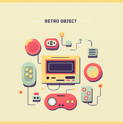 일러스트 사람없음 노란색 게임 게임용품 리모컨 게임기 오브젝트 복고 플랫레이 뉴트로 국내일러스트 AI파일 컬러 놀이 플랫 파일형식 벡터