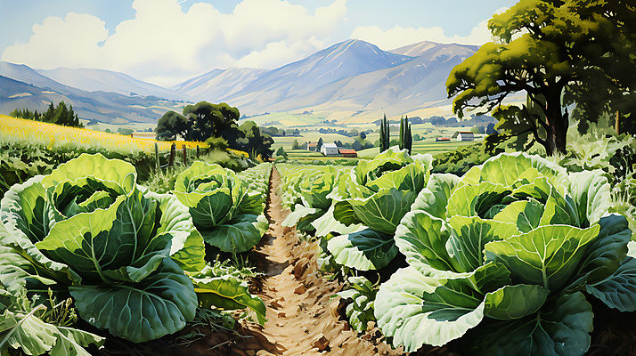 JPG 나무 구름 일러스트 산 풍경 사람없음 농촌 디지털합성 배추 배추밭 밭길 고랭지 고랭지배추 국내일러스트 AI일러스트 AI콘텐츠 자연요소 식물 길 밭 농업 채소 시골 파일형식