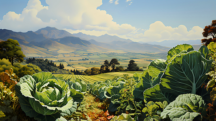 JPG 나무 구름 일러스트 산 풍경 사람없음 농촌 풀 디지털합성 배추 배추밭 밭길 고랭지 고랭지배추 국내일러스트 AI일러스트 AI콘텐츠 자연요소 식물 길 밭 농업 채소 시골 파일형식