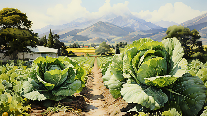 JPG 나무 구름 일러스트 산 풍경 사람없음 농촌 디지털합성 배추 배추밭 밭길 고랭지 고랭지배추 국내일러스트 AI일러스트 AI콘텐츠 자연요소 식물 길 밭 농업 채소 시골 파일형식