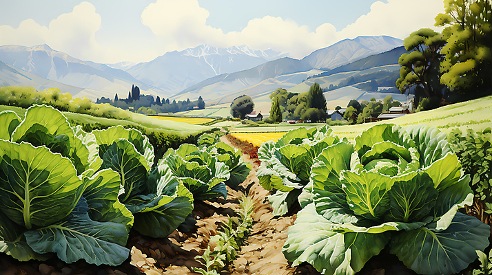 JPG 나무 구름 일러스트 산 풍경 사람없음 농촌 풀 디지털합성 배추 배추밭 밭길 고랭지 고랭지배추 국내일러스트 AI일러스트 AI콘텐츠 자연요소 식물 길 밭 농업 채소 시골 파일형식