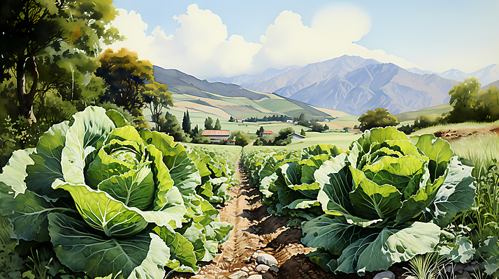JPG 구름 일러스트 산 풍경 사람없음 돌_바위 농촌 풀 디지털합성 배추 배추밭 밭길 고랭지 고랭지배추 국내일러스트 AI일러스트 AI콘텐츠 자연요소 식물 길 밭 농업 채소 시골 파일형식