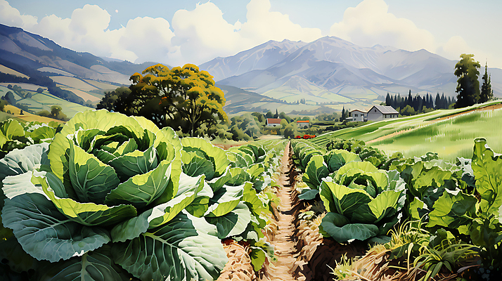 JPG 나무 구름 일러스트 산 풍경 사람없음 농촌 디지털합성 배추 배추밭 밭길 고랭지 고랭지배추 국내일러스트 AI일러스트 AI콘텐츠 자연요소 식물 길 밭 농업 채소 시골 파일형식