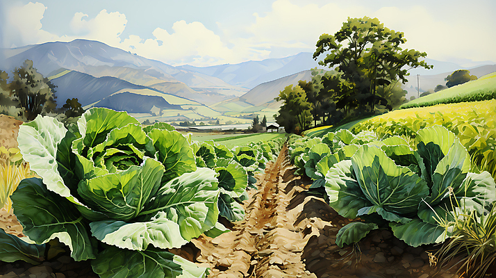 JPG 나무 구름 일러스트 산 풍경 사람없음 농촌 디지털합성 배추 배추밭 밭길 고랭지 고랭지배추 국내일러스트 AI일러스트 AI콘텐츠 자연요소 식물 길 밭 농업 채소 시골 파일형식