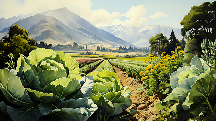 JPG 나무 구름 꽃 일러스트 산 풍경 사람없음 농촌 디지털합성 배추 배추밭 밭길 고랭지 고랭지배추 국내일러스트 AI일러스트 AI콘텐츠 자연요소 식물 길 밭 농업 채소 시골 파일형식