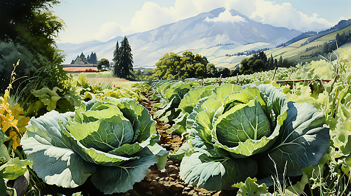 JPG 나무 구름 일러스트 산 풍경 사람없음 농촌 풀 디지털합성 배추 배추밭 밭길 고랭지 고랭지배추 국내일러스트 AI일러스트 AI콘텐츠 자연요소 식물 길 밭 농업 채소 시골 파일형식