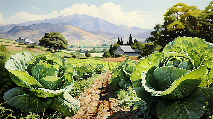 JPG 나무 구름 일러스트 산 풍경 사람없음 농촌 풀 디지털합성 배추 배추밭 밭길 고랭지 고랭지배추 국내일러스트 AI일러스트 AI콘텐츠 자연요소 식물 길 밭 농업 채소 시골 파일형식