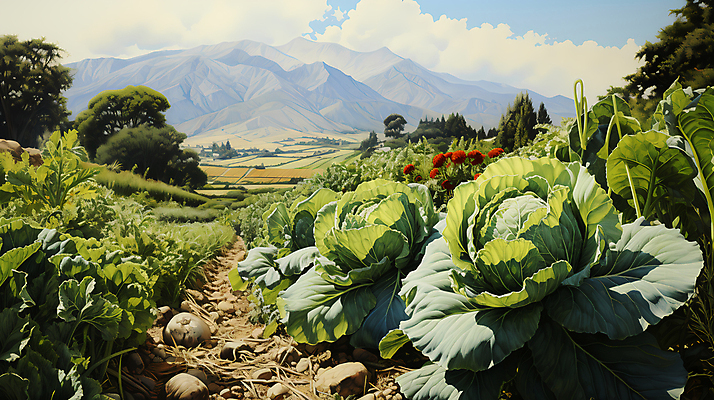 JPG 나무 구름 꽃 일러스트 산 풍경 사람없음 돌_바위 농촌 디지털합성 배추 배추밭 밭길 고랭지 고랭지배추 국내일러스트 AI일러스트 AI콘텐츠 자연요소 식물 길 밭 농업 채소 시골 파일형식