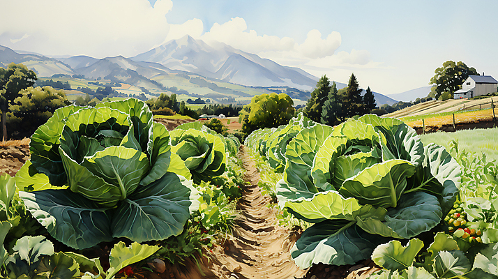 JPG 나무 구름 일러스트 산 풍경 사람없음 농촌 디지털합성 배추 배추밭 밭길 고랭지 고랭지배추 국내일러스트 AI일러스트 AI콘텐츠 자연요소 식물 길 밭 농업 채소 시골 파일형식