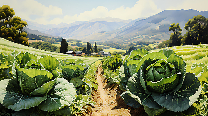 JPG 나무 구름 일러스트 산 풍경 사람없음 농촌 디지털합성 배추 배추밭 밭길 고랭지 고랭지배추 국내일러스트 AI일러스트 AI콘텐츠 자연요소 식물 길 밭 농업 채소 시골 파일형식