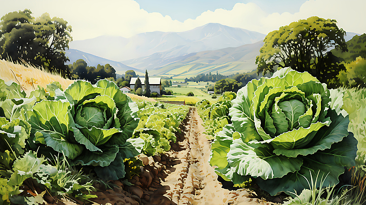 JPG 나무 구름 일러스트 산 풍경 사람없음 농촌 디지털합성 배추 배추밭 밭길 고랭지 고랭지배추 국내일러스트 AI일러스트 AI콘텐츠 자연요소 식물 길 밭 농업 채소 시골 파일형식