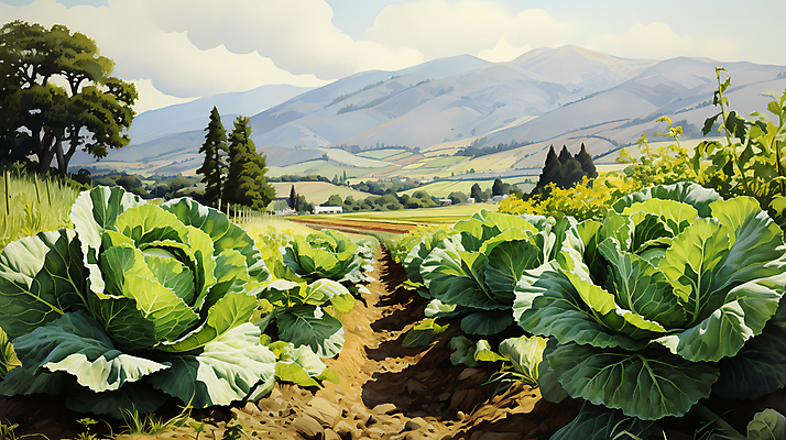 JPG 나무 구름 일러스트 산 풍경 사람없음 농촌 디지털합성 배추 배추밭 밭길 고랭지 고랭지배추 국내일러스트 AI일러스트 AI콘텐츠 자연요소 식물 길 밭 농업 채소 시골 파일형식